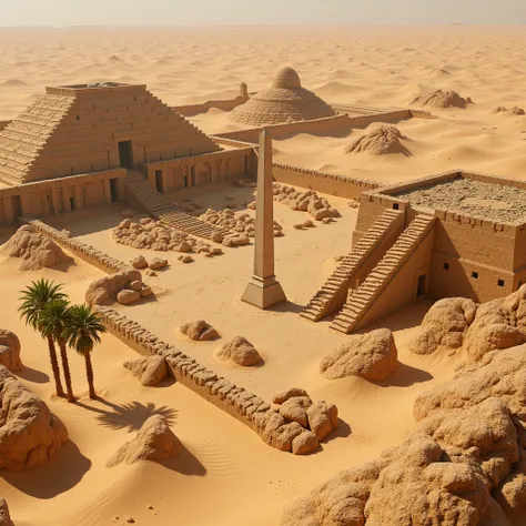 Endless Desert, dried ozasis ,  dried palm trees ,  all covered with dust and sand ,  the remains of some buildings appear through the sand ,  a slanting obelisk sticks out  (Egyptian style) ,  piles of crumbling stones ,  the cracked and crumbling wall of...