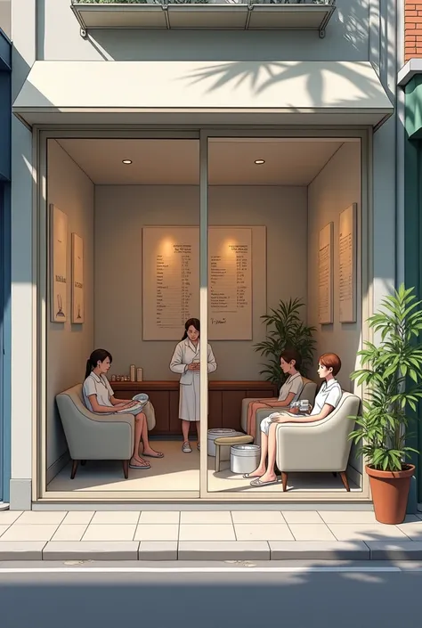 The nail salon, a picture viewed from the outside when standing on a two-lane street, the shop is about two feet wide, two meters high. In front of the store, four meters high, it is clear glass with white edges, divided into one sliding door and one large...