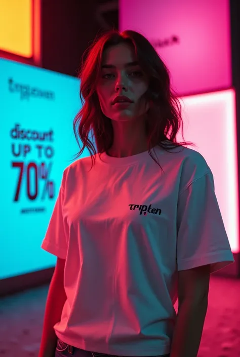 A model is wearing streetware that only says small and sharp “TRIPPLESEVEN” on the top right. 
The image is suitable for a “TRIPPLESEVEN” advertising campaign. 
In the background, graphics are clearly visible and sharp for the “Discount Up to 70%“Discount ...