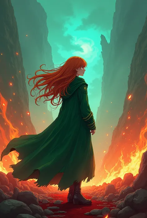 Anime woman with ling ginger hair standing with her back to us. Wearing a green cloak. On the ground around her is alot of blood, and around her is flames of fire. And the sky reminds blue