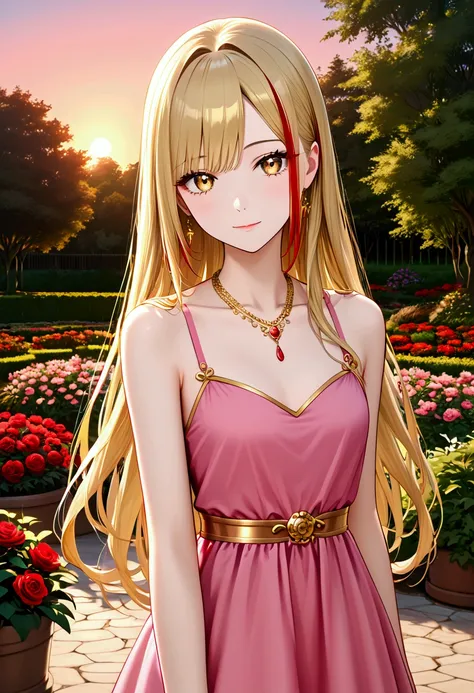 best quality, masterpiece, best quality, highres, absurdres, official art, HQ, 4k, source_anime, expressive eyes, youthful, young, mid teens, gold hair, red highlights, red streaks, very long hair, long sideburn, flowy hair, gold eyes, looking at viewer, p...