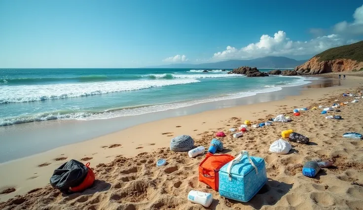  creates an image of a Pacific beach ,  on the beach with the waves of the sea reaching the coast ,  in which some tourists can be seen throwing garbage on the beach, And the fact that there are cans , plastic, Bags,  that the garbage is scattered on the b...