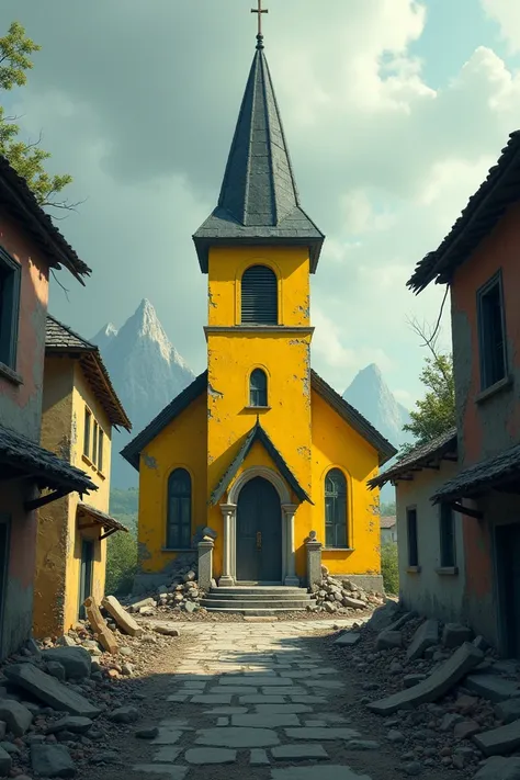 Do you have a town with a simple yellow church that is bombed 