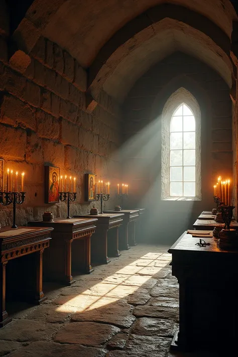  
an old stone room from the 9th century filled with icons and a few candles. 
there are several wooden desks on the desks ink and sheets
the room is dimly lit