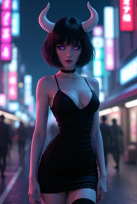 Beautiful demon female, ((((porcelain white skin)))), (((short black hair))), purple eyes, black eyeliner, ((large breasts)), 2 white horns, pointy ears. Wearing small black dress. Tokyo at night background, neon lights. Thigh high black boots.