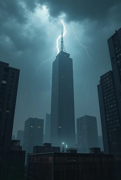 Thunderstorm,  has several high-rise buildings, , its raining, There is a sky breaking