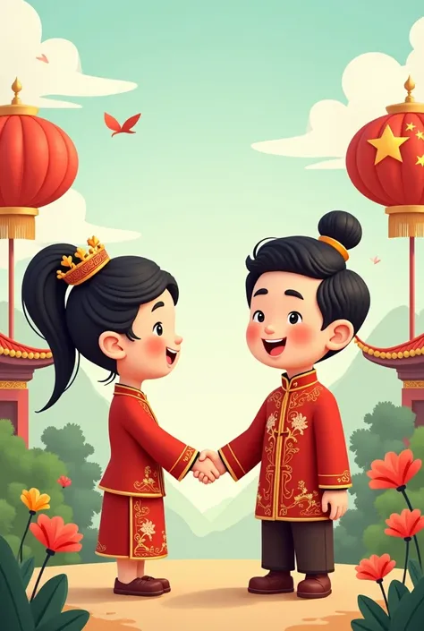  diplomacy between Thailand and China.,Someone is shaking hands ,Emphasis on Chinese elements. Cartoon figure