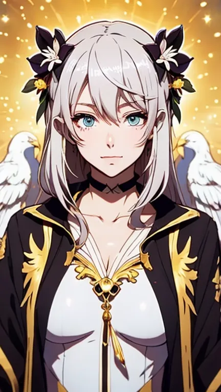 8k⒉5d real anime cute girl style long flowing platinum hair, golden eyes, two clusters of lily-decorated headband, white, transp...