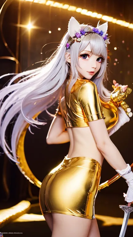 8k⒉5D Real Anime Cute Girl Style Long flowing platinum hair, golden eyes, two clusters of lily-decorated headband, white, transparent silk, two wings of gold on the back of a large bird of prey, two large, bony swords on the left and right hands, highlight...