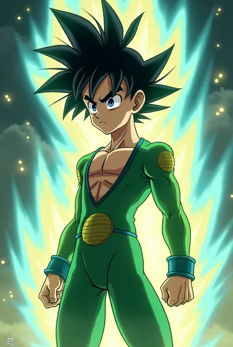 Create a 20-year-old dark-haired, straight blond dragonball character, with green clothes, Blue and yellow in the shape of a super Saiajin