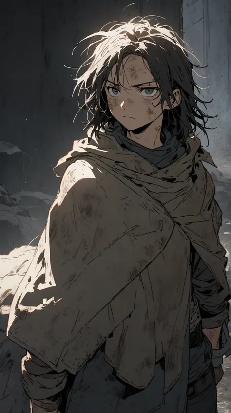 Shoulder-haired young survivor wearing cloak and dirty rags holding a machete 