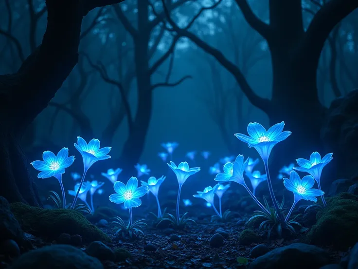 Create bright blue glowing flowers in a dark forest 