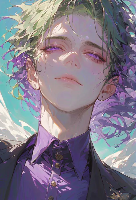 masterpiece,1 male,handsome,green hair,short hair,dark violet eyes,laughs with eyes,closed mouth,black suit,purple dress shirt,upper body, day, sunshine, pomade hair