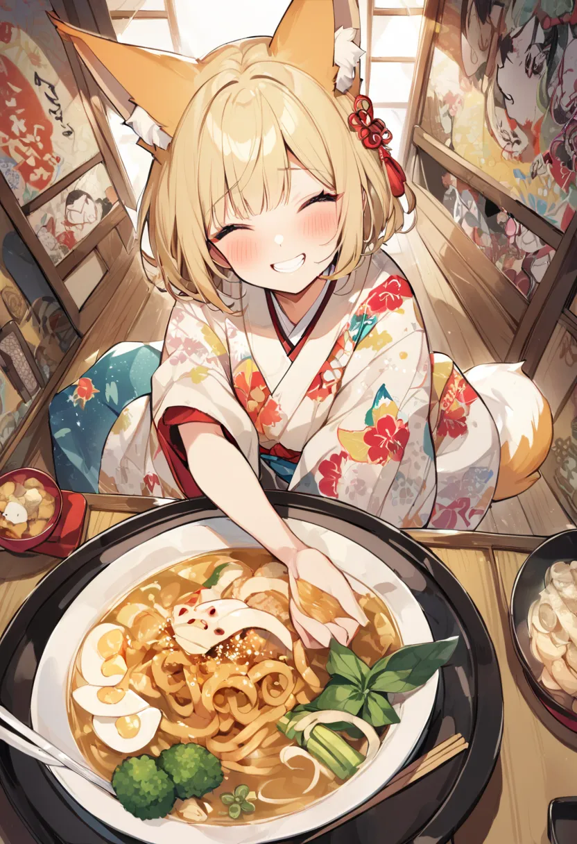 from above,Alone,upperbody,blond short hair,fox ear,cute face, gorgeous floral kimono、cute little fox 、graffiti,eat japanese udon,blush、Japanese style、Private room、grin、I am the star、 Flower Bird Wind Moon、Enchanting chest、kaleidoscope、 High Quality 、 happ...