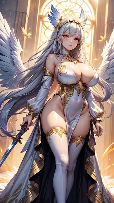 8k⒉5D Real Anime Cute Girl Style Long flowing platinum hair, golden eyes, two clusters of lily-decorated headband, white, transparent silk, two wings of gold on the back of a large bird of prey, two large, bony swords on the left and right hands, highlight...