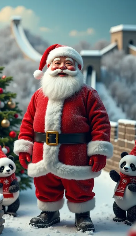  Hyper realistic happy Santa Claus photo,  background with a hyper realistic Christmas panda, Christmas Wall of China , foto 8K, cuerpo entero