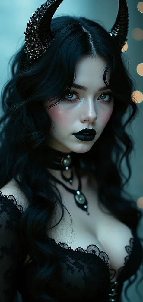  Beautiful woman, visual kei, milk white skin, Eyeliner,  wavy black hair , black lips,  black eyes