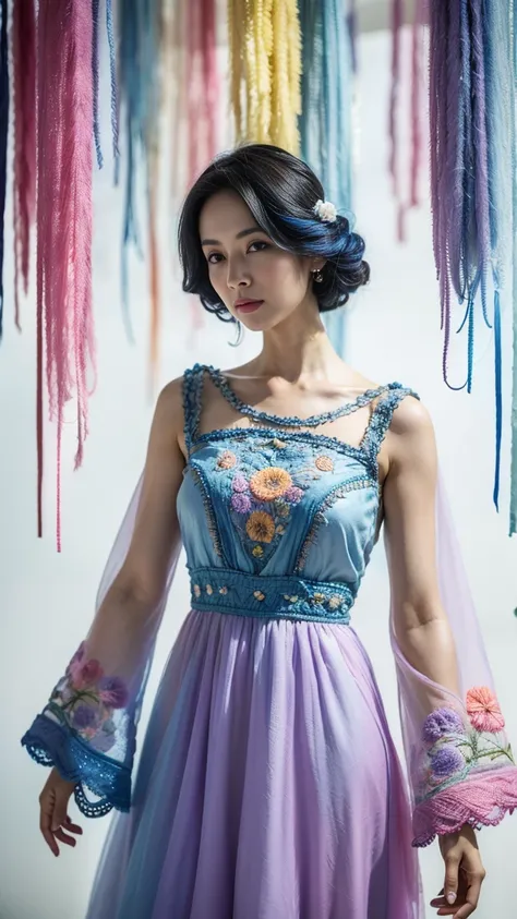 Surrealism, masterpiece, highest quality, ((  medium casual hair, beautiful woman, Use a variety of skyblue and watercolor pastel colors as a basic color composition, silk dress, astonishing embroidery ))
