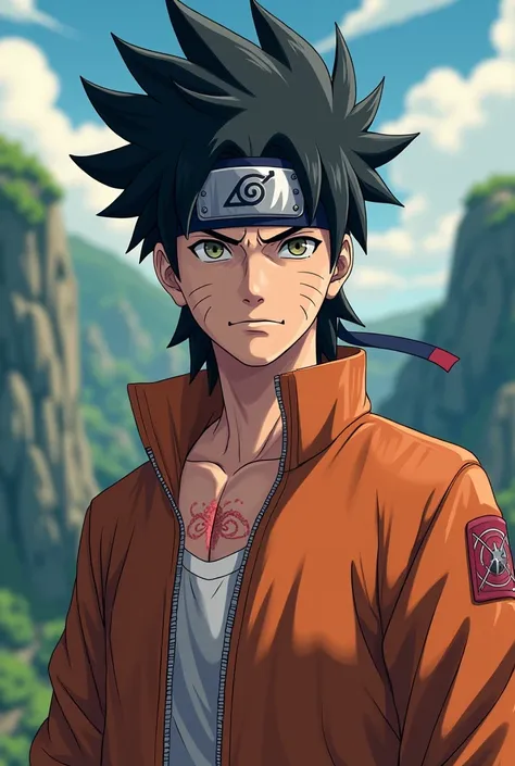 Create a male character with big hair with Al Aldeia da Leaf in a Naruto style headband he has a bruise on his chest 