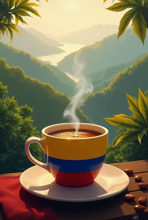 Coffee with the Colombian flag and Colombian landscapes