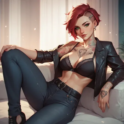 beautyfull woman, short redhair, green eyes, black bra, black jacket, tattoos, jeans black pants, black belt, opening legs, beauty lights, tattoos
