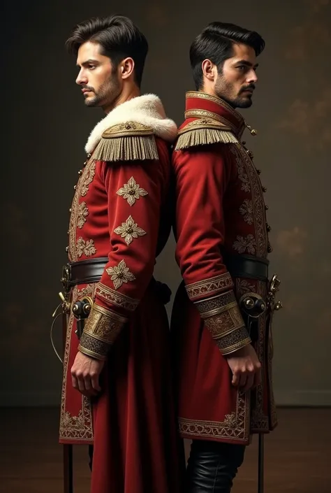  Two men with their backs to each other .  The man on the left wearing the clothes of a prince is very handsome, with a sovereign look ,  on the right side a handsome man ,  wearing the clothes of a Spanish royal guard , with a serious face . high resoluti...