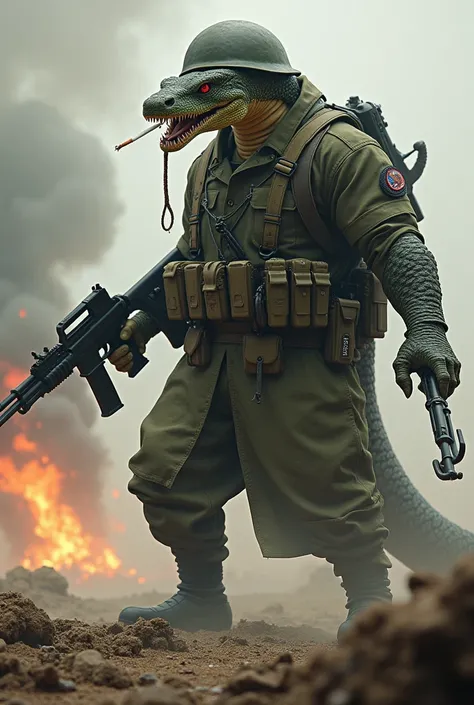 Create a snake with two strong arms ,  holding in each hand weapons of war in military uniform with a military helmet on its head smoking a cigarette,  on a battlefield.