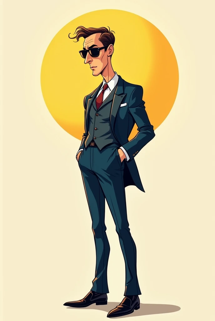 A tall, slim gentleman， his head is sun,a long, slender neck, wearing dark sunglasses."

"Exaggerated facial expressions with a confident and arrogant attitude."

"Wearing pointed leather shoes and a dark blue tailcoat suit with sharp lines and a classic c...