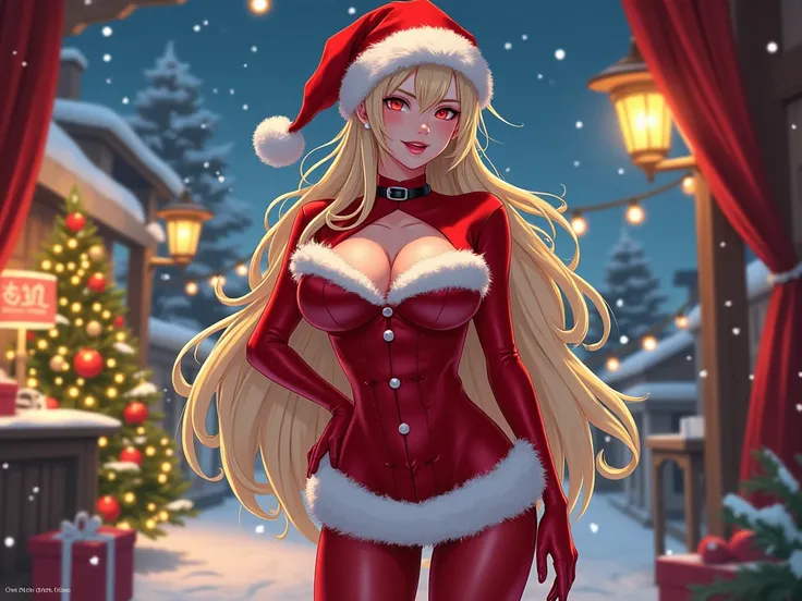  Christmas scenario with a sexy woman , dressed as Santa Claus .  anime-like drawing in the style of One Punch Man 