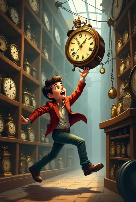 a young man in a clock shop and make it seem like the young man tries to catch the clock before it reach the floor that he accidentally fell off the shelves and with his facial expression trying to catch it off the floor, make him seem like he is about on ...