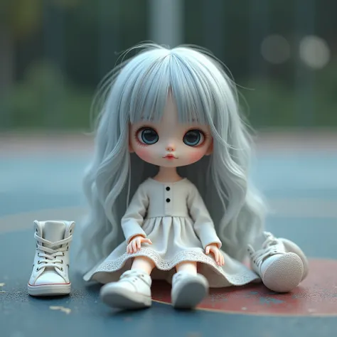 a close up of a doll sitting on a basketball court with a pair of shoes, art photography, a stock photo, by Lü Ji, girl silver hair, artdoll, silver hair girl, cgsociety 9, white beautiful hair