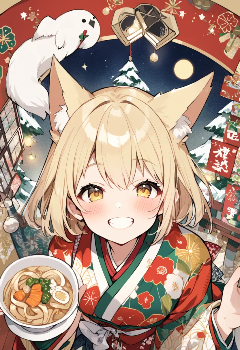 from above,alone,upperbody,blond short hair,fox ear,cute face,gorgeous christmas floral kimono、cute little fox 、graffiti,eat jap...