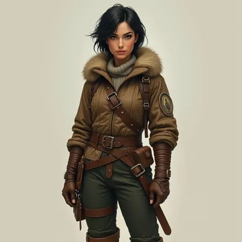 Women with dark eyes and black hair cut short she wears a brown quilted tunic,breeches of blackor green wool, a studded belt and salt-stained high leather boots.