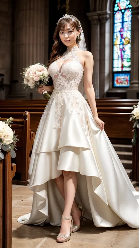 A beautiful young Japanese woman, 26 years old, with healthy thighs, beautiful legs, flawless skin, random hair color and style, large breasts, wearing a (wedding dress:1.3), full body shot, high heels, holding a bouquet in her hands, in a church setting, ...