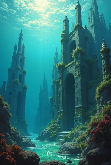 Fantasy art, ruins of a sunken city on the continent of Mu, masterpiece, best quality, very aesthetic, absurdres, very aesthetic