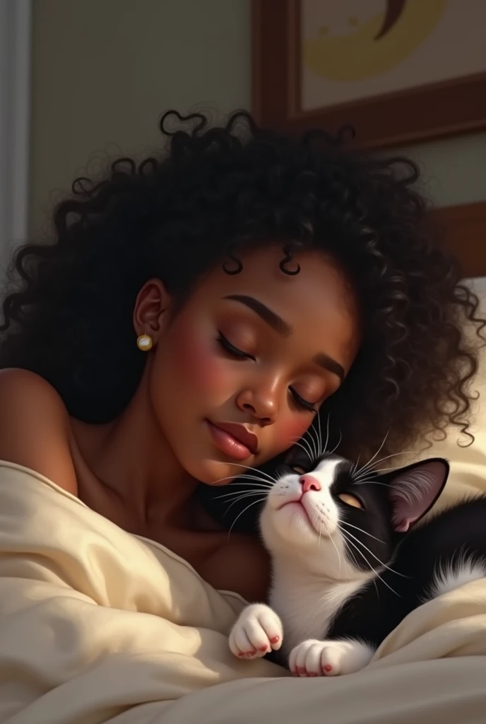 Black woman with fair skin with curly hair 3b shoulder length, small nose , flat,  Black eyes being woken up by your furry cat that has a black and white coat