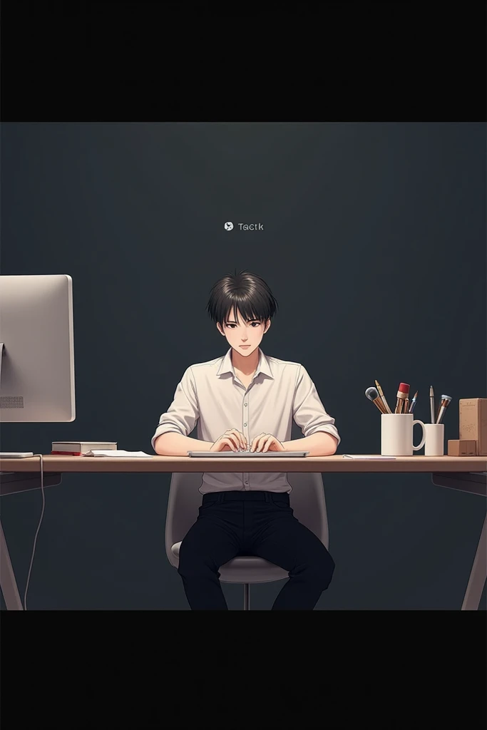 I want a character with white shirt, black pants, black hair, sitting in a studio, desktop with dark background