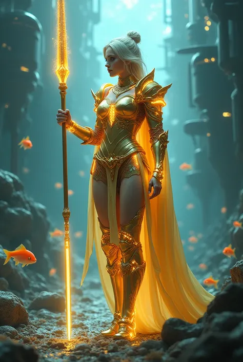 "A female knight in glowing golden armor holding a plasma spear, standing in the middle of a futuristic city half submerged in water, with glowing fish swimming beneath her."