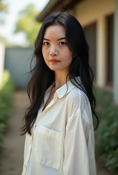 Prompt: (20 years old, young:1.2)  A beautiful young girl with long straight black hair. She is looking at the camera. A Masterpiece, best quality, relaxing, standing in the yard. wearing oversized white see through cotton shirt. H-Cup. HD quality, natural...