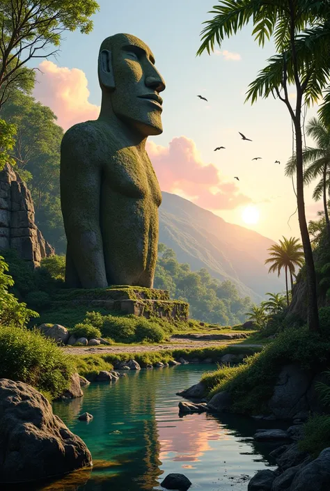  image of a giant dirty Easter Island moai covered in vegetation and moss next to a ruined Aztec temple covered by vegetation and moss in a dense forest,  the sun shines on the horizon at dusk , beautiful clouds in the sky with a pink outline , There are c...