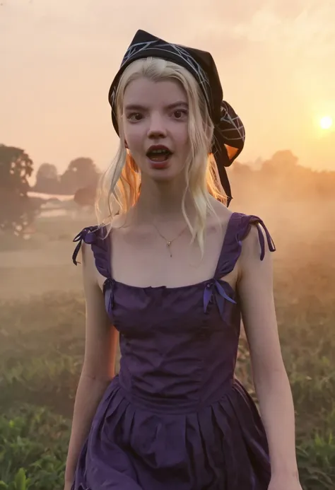 "1 young woman, ((anya taylor joy, witch)), with a handkerchief tied around his head,
 screaming in front of the camera. "Thomas"anger, FEELING, angry look, bottom, farm, Around, sunrise,  atmosphere , mysterious,  Photorealistic,   Good lighting,  best ma...