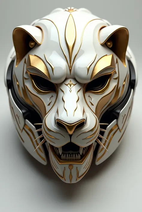 Create a motorcycle helmet in the shape of a lions head without hair in white and gold
