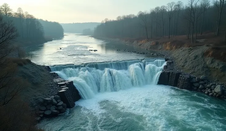 create a photo with the background of a large river full of water with no trees around, the river water flows strongly, the view from above, looking down is the image of a giant embankment blocking the river, the embankment is flat rubber pipes inflated, c...