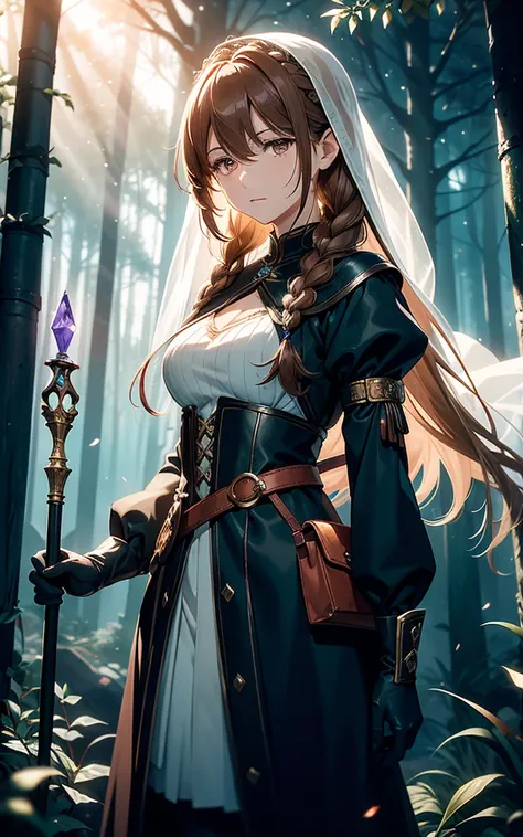 A stunning HD (High Definition) illustration of a brown-haired mage anime girl with long hair, with a braid on one side. She has brown eyes and wears a blue mages veil on her head. She is dressed in a long-sleeve white medieval-style shirt, brown pants, an...