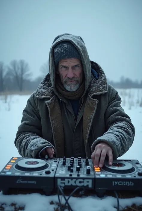 Russian indigent playing DJ music standing in the snow