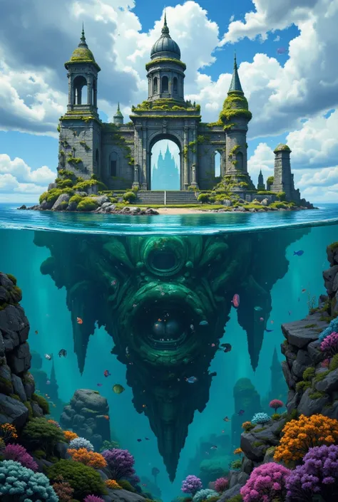 Fantasy art, ruins of a sunken city on the continent of Mu, masterpiece, best quality, very aesthetic, absurdres, very aesthetic