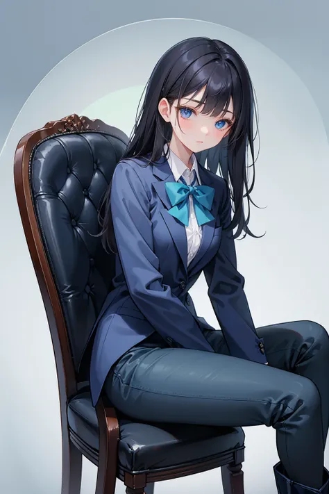 A high school student ， Has long, dark hair ， with warm blue eyes  ， Wore a fresh blue suit and black boots，  pure white collar and bright green bow 。  has long dark hair and warm blue eyes ， sitting on a chair 。