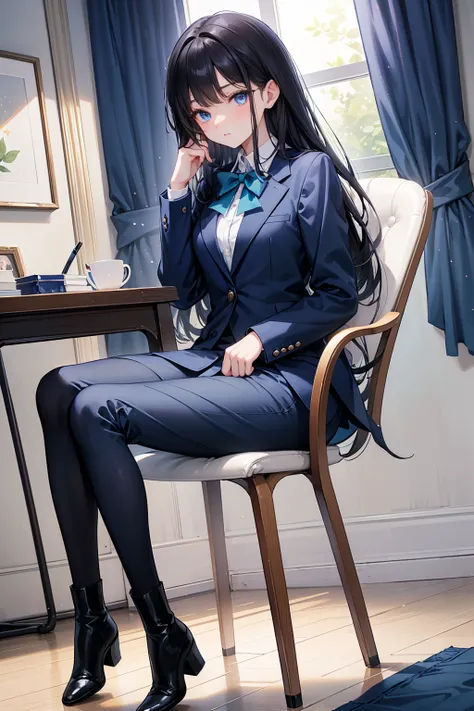 A high school student ， Has long, dark hair ， with warm blue eyes  ， Wore a fresh blue suit and black boots，  pure white collar and bright green bow 。  has long dark hair and warm blue eyes ， sitting on a chair 。