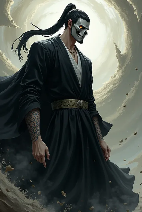 Make a man in the style of the anime Bleach with tied black hair and a hollow mask covering his face minus the lower right