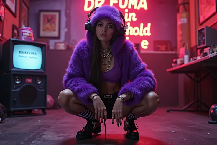 Closeup of a glamorous woman with fair and shiny skin wearing a purple furry hood with text "DRFUMA RMX". She is elegantly posed squatting down, showcasing a dynamic stance. The woman is adorned with a great deal of jewelry and body piercings. The scene is...